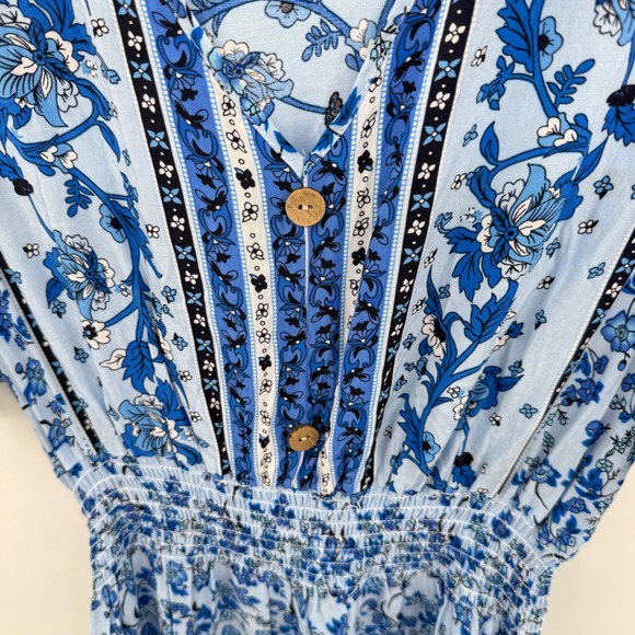 Seven Islands Blue Floral Boho Maxi Dress XL Short Sleeve Smocked Waist Rayon - Picture 5 of 12